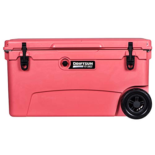 Driftsun Heavy Duty Rotomolded Thermoplastic UV Resistant Portable Rolling 70 Quart Insulated Hardside Ice Chest Beverage Cooler, Coral