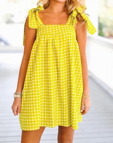 Image of Women Floral Tie Shoulder Mini Dress Cute Square Neck Loose Fit Beach Short Dress Backless Boho Vocation Sundress