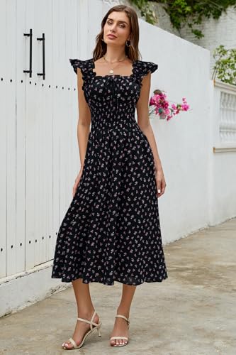 Image of Women's 2026 Spring Summer Floral Midi Dresses Square Neck Smocked Waist Beach Wedding Guest Long Flowy A Line Sundress