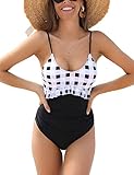 Blooming Jelly Womens One Piece Swimsuits Tummy Control Ruched Bathing Suits Vintage Gingham Ruffle Swimwear(M,Gingham)