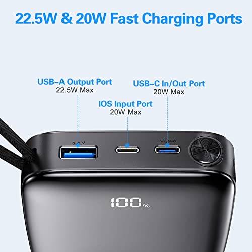 Portable Charger 20000Mah - 22.5W Pd20W Usb C Power Bank Fast Charging With Built-In Cables Lanyard 2In1, Led Display External Battery Pack With 4 Output 2 Input Charing Bank For Iphone, Samsung. #TOP2