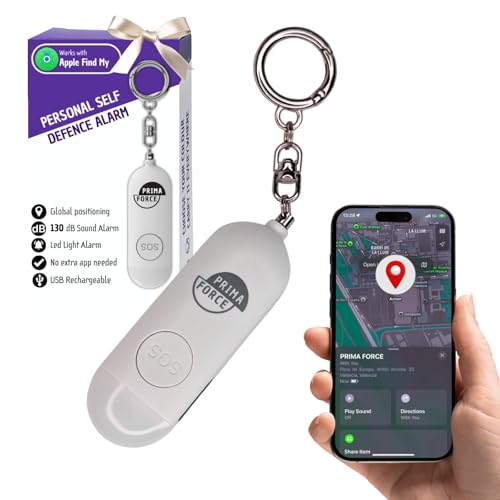 Alarma Personal de autodefensa de 130dB con GPS Compatible con FindMy, luz LED estroboscópica, indicador de batería Baja y Llavero, Ideal para Seguridad en Mujeres, jóvenes o Adultos (Blanco / White)