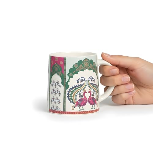 Image of miah decor Neelmayur Royale Collection Handcrafted Ceramic Coffee Cups Set of 2 | Mughal Peacock Design Tea & Coffee Mugs | Green & Maroon on Cream Base | Microwave & Dishwasher Safe