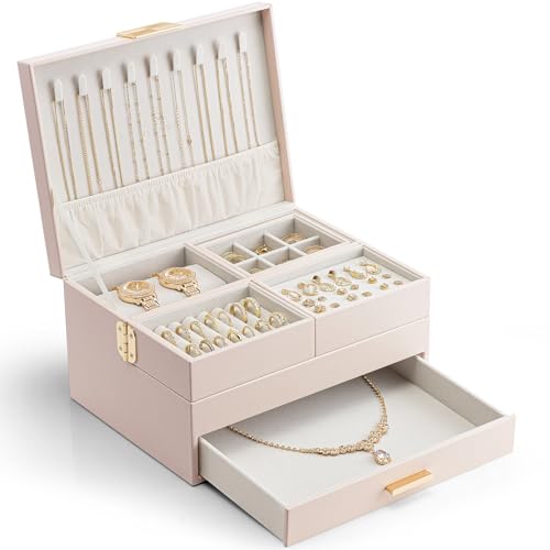 Vlando 3 Layer Jewelry Box - Women Jewelry Box with Retractable Tray - Jewelry Organizers with Drawer for Necklaces, Rings, Bracelets, Earrings, Gift for Couples Mom Girls - Pink B.Pink 3-La
