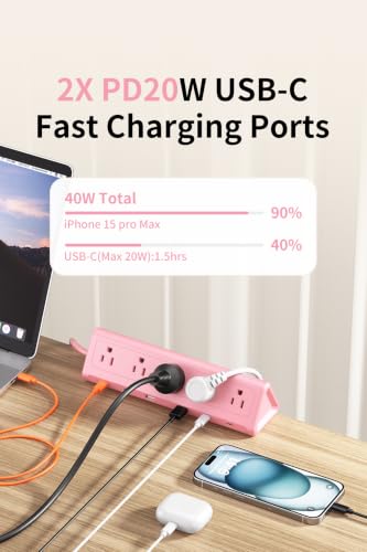 Image of 6.5 FT Desk Clamp Power Strip with 5 AC Outlets & 6 USB Ports PD 40W USB-C Fast Charging, Extension Cord with Multiple Outlets, Fits 2.1 in top Edge Pink