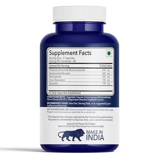 Image of Fitness Veda NMNH (Dihydronicotinamide Mononucleotide), NMN Alternative Supplement w /Nicotinamide Riboside (Vitamin B3), Quercetin, Trans-Resveratrol, Support NAD+, Skin Cell Health*, Anti-Aging & Energy, 120 Caps
