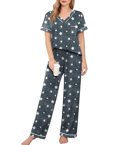 Ekouaer Women's Pajama Sets Short Sleeve V Neck Sleepwear Nightwear Soft Pjs Lounge Sets with Pocket...