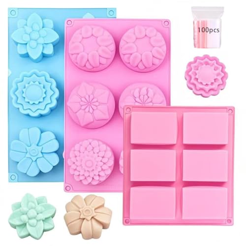 3-Pack Silicone soap molds, 6 Rectangular soap molds, Different Shapes of Flower-Shaped Silicone molds, Suitable for Handmade Soaps and Homemade Chocolates, Including 100 3.5x5 inch Bags.