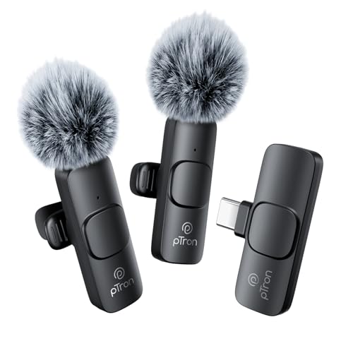 Image of pTron KWM-1 Omnidirectional Type C Wireless Microphone w /DSP Noise Cancellation, Plug & Play, 25m Wireless Range, Lapel Wireless Collar Mic for Video Recording, Supports Type C Android, iPhone (Onyx)