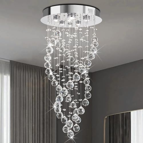 Image of Modern Luxury 6-Lights Spiral Raindrop Crystal Chandeliers for Dining Room, K9 Crystal Ball Flush Mount Ceiling Light Fixture for Living Room, Bedroom, Bathroom, Hallway, Staircase of CRYSTOP