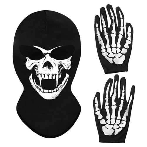 MUNSKT Halloween White Skull Hood et Gants de Squelette, Halloween Dance Costume Party pour Adulte, Mitons Chauds d'hiver Cosplay Costume.