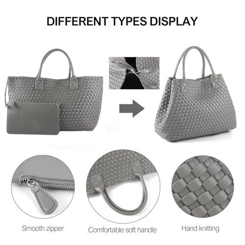 Image of Woven Tote Bag for Women Retro Handwoven Shoulder Travel Handbag Large Capacity Hobo Vegan Leather Bags with Purse