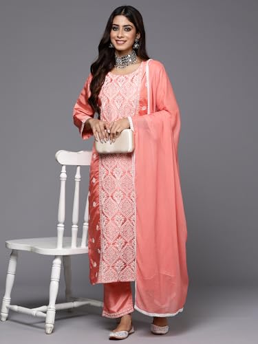 Image of INDO ERA Women's Embroidered Silk Blend Calf Length Straight Kurta Trouser With Dupatta Set (Kh9Ph7570)