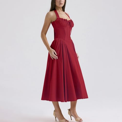 Image of Women Floral Corset Dress Halter Neck Low Cut Bustier Lace Midi Dress Flowy Pleated Hem Long Sundress with Pockets