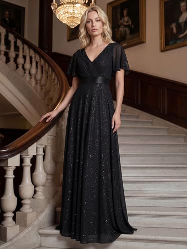 Image of Ever-Pretty Women's Summer Glitter Formal Dresses Evening Gown V Neck Short Sleeves Floor Length Mother of Bride Dress 50159