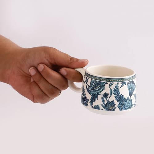 Image of miah decor Ceramic Tea Cups Set of 6 - Blue White | Handcrafted Stoneware Floral Printed Finish | Microwave & Dishwasher Safe Coffee Cups & Mugs for Home, Office & Gifting - Every Occasion | 180ml