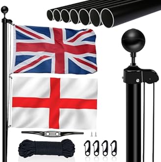 NQ 20FT (6M) Flag Poles for Garden, Sectional Heavy Duty Aluminum Flag Pole Kit with UK Flag, Flag Pole Topper, Flagpole Rope, Outdoor in Ground Flag Pole for Yard Residential, Commercial Use(Black)
