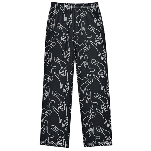 Boy's Lounge Pants White Ghost Line Doodle Black Kids Jogger Pants Elastic Waist Long Bottoms with Pockets 6-14 Y