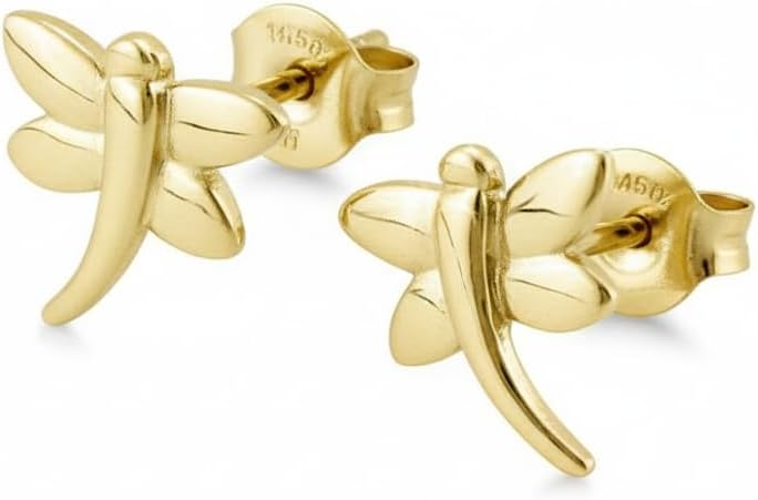 14K Yellow Gold Tiny Dragonfly Stud Earrings - 0.23in
