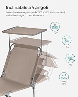 SONGMICS Lettino Prendisole, Sedia a Sdraio Pieghevole, 193 x 53 x 29 cm, Max Portata 150 kg, con Poggiatesta Parasole e Schienale Reclinabile, per Terrazzo Piscina Giardino, Tortora GCB192K01