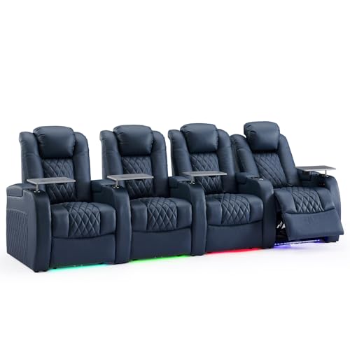 Weilianda Home Theater Seating Top Grain Leather Zero Gravity Recliner Chair Power Headrest Recline Movie Seat Gaming 7 Colors Mood Light Sofa with Tray Table USB Charge Row of 4 Blue