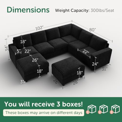 Image of HONBAY Corduroy Sectional Sofa with Ottoman, 8 Seats U Shaped Couch, Black