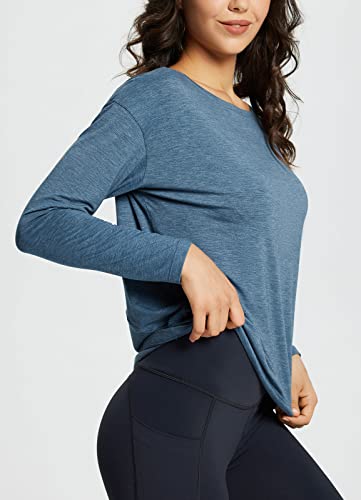 Baleaf Women's Long Sleeve Workout Shirts Loose Fit Quick Dry Tops Athletic Yoga Tee Shirts Lightweight Casual Fall Heather Navy M #TOP2