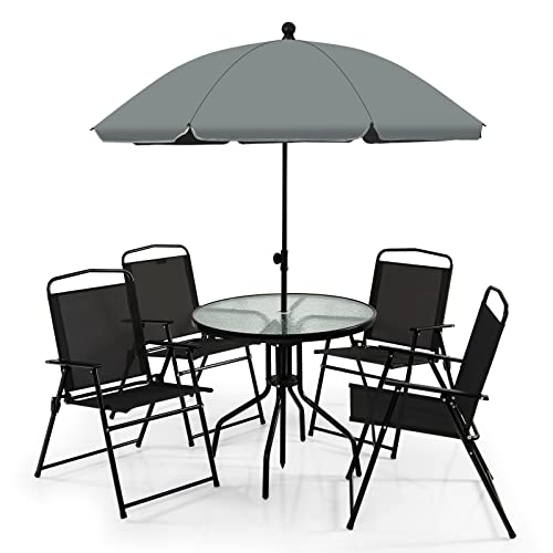 KOMFOTTEU Gartenmöbel-Set, 6-teilig, Patio-Set mit Sonnenschirm, Glastisch und 4 Klappstühlen, Gesprächs-Set für 4 Personen, mit Sonnenschutz für den Außenbereich, Schwarz