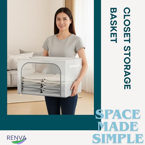 Image of RENVA polycotton Clothes Storage Organizer Bins, Foldable Storage Bins-Cloth Steel Frame Storage Box with Foldable Clear Window & Reinforced Handles 50 * 40 * 30CM. (Transparent, 66L-1)