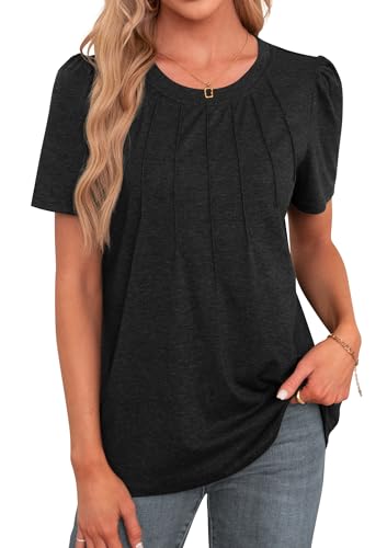 Agnes Urban Womens Tops Dressy Casual Short Sleeve Shirts Summer Loose T Shirts Trendy Tops Pleated Tunic Blouses