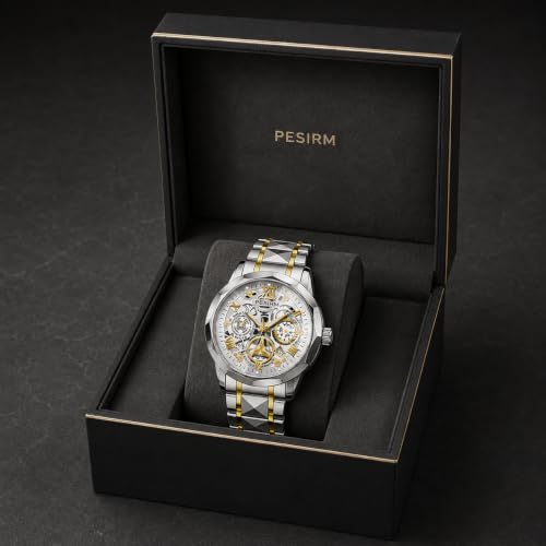 Image of Men's skeletonized quartz watch with black and gold two-tone stainless steel case, analog display, date display, water-resistant, luminous display, men's waterproof quartz watch. (Silver dial, silver strap)