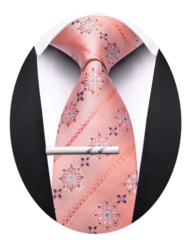 Image of Barry.Wang Coral Pink Ties for Men Floral Tie Necktie and Tie Clip Wedding Business Flower Formal