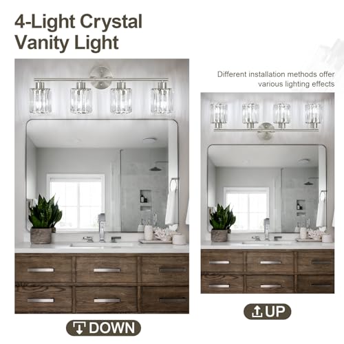 Image of Modern Brushed Nickel Crystal Bathroom Light Fixtures,4-Light