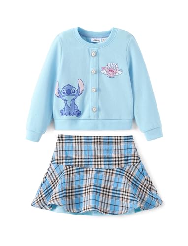 Disney Stitch Toddler Girl 2 Piece Outfit Blue Long Sleeve Angel Print Pearl Button Knit Top & Plaid Tweed Skirt Set Birthday Elegant Dress 4-5T