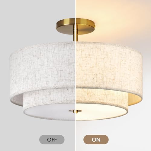 Image of CALOKES 16 inch Double Drum Gold 3-Light Semi Flush Mount Ceiling Light, Classic Fabric Linen Shade Design for Living Room, Bedroom, Kitchen, Dining Room, Hallway and Entryway