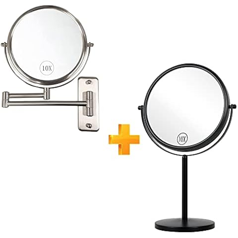 ALHAKIN Wall Mounted Makeup Mirror and Tabletop Mirror, 8 Inch Nickel Extendable Bathroom Mirror and Black 10X Magnifying Makeup Mirror Cover