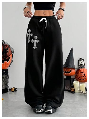 SOLY HUX Women's Y2k Baggy Pants Drawstring Waist Gothic Rhinestone Wide Leg Sweatpants3
