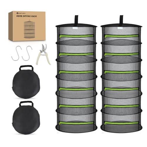 Yesker 6 Layer Herb Drying Rack Hanging Mesh Net Foldable Plant Drying Racks 24" w Green Zipper Pruning Shears Dryer Hanging Rack for Herbs Seed Bud Fruit Clothes Grow Tent Closet Garden Outdoor 2 PCS
