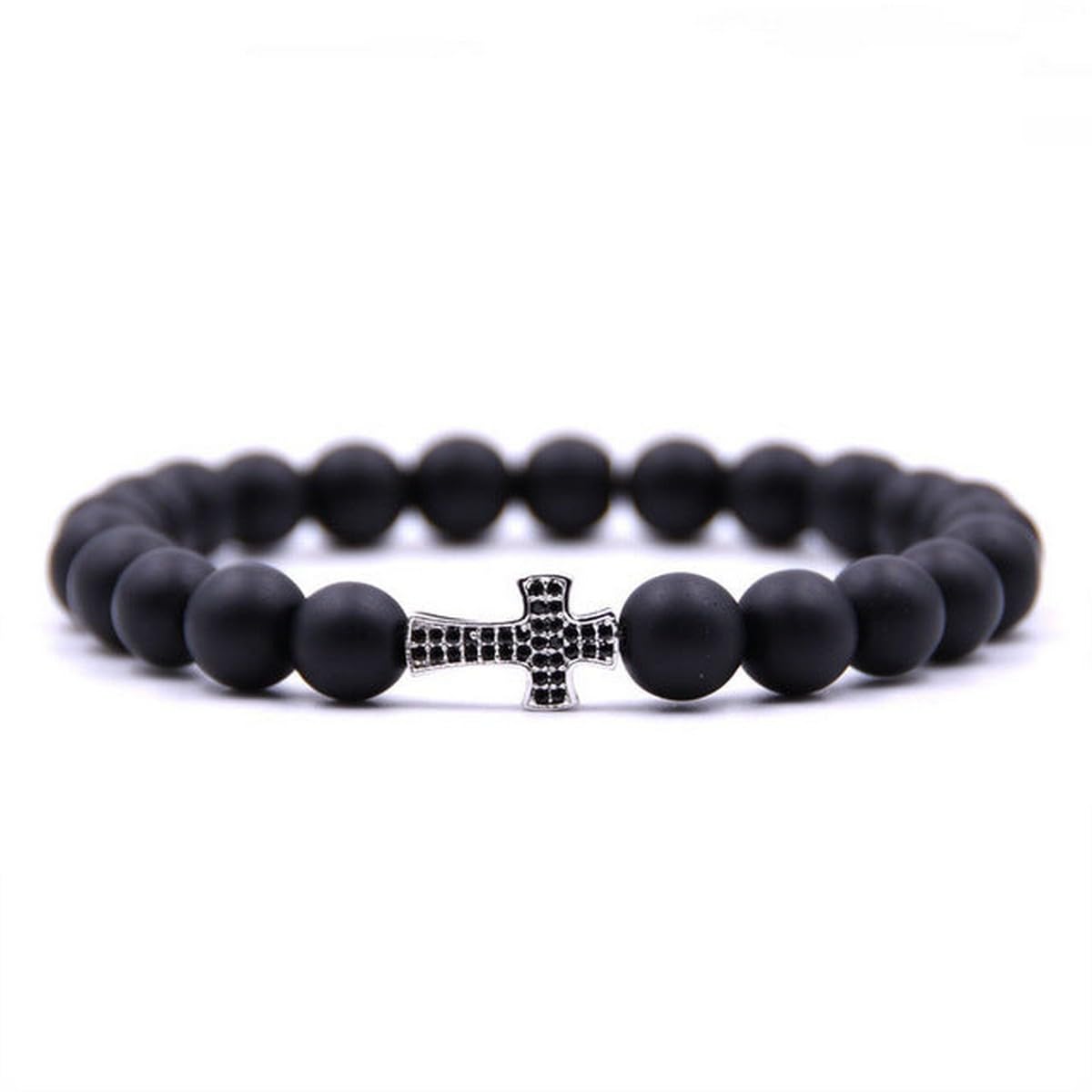 EDMIRIA Micro Pave Zircon Christian Holy Cross Catholic Religious Charm 8mm Beads Bracelet Natural Black Matte Beads Stretch Link Prayer Adjustable Bracelet (Matte Agate-Silver) (B0CPJT697W) Amazon Price History, Amazon Price Tracker