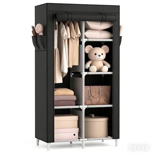 ROJASOP Portable Closet Wardrobe Closet for Hanging Clothes with 6 Storage Shelves, 1 Hanging Rod and 4 Pockets, Free Standing Closet Clothes Organizer for Bedroom, Sturdy and Easy Assemble