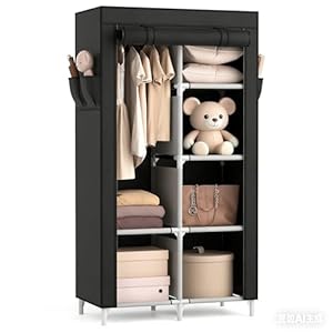 ROJASOP Portable Closet Wardrobe Closet for Hanging Clothes with 6 Storage Shelves, 1 Hanging Rod and 4 Pockets, Free Standing Closet Clothes Organizer for Bedroom, Sturdy and Easy Assemble