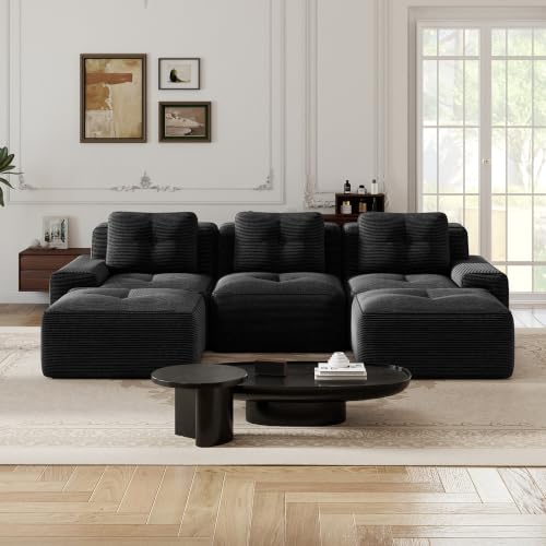 Image of 117 inch U-Shaped 3-Seater Modular Boneless Couch with 2 Ottomans, Cozy Corduroy Upholstery, Deep Seat Cloud sectional Sofa, No Assembly Anti-Slip Stable Design, Black