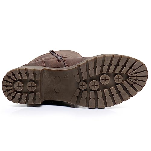 Image of GLOBALWIN Chunky Mid Calf Fashion Dressy Motocycle Biker Military Style Combat Boots for Women Low Heel