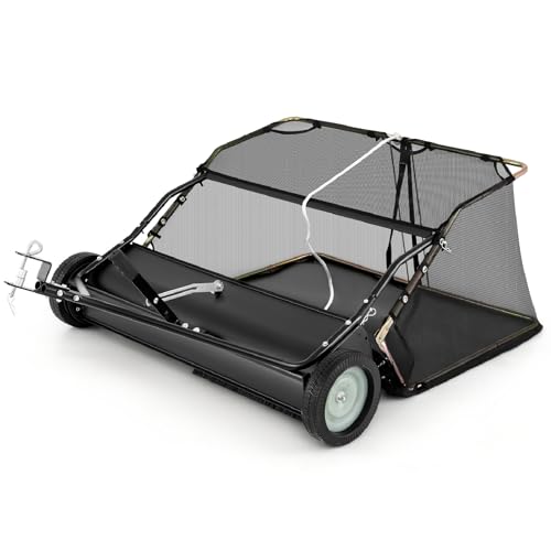 TANGZON Tow Behind Lawn Sweeper 42 inch Manual Lawn Mower with 126cm Working Width Adjustable Sweeping Height & Large Leaf Collector Manual Leaf Grass Push Sweeper for Grass and Debris
