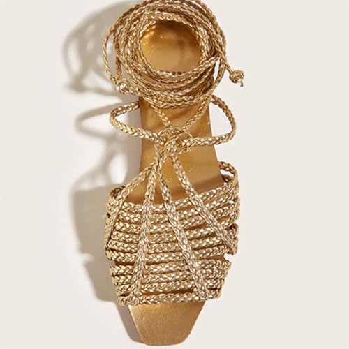 Women's Gold Cross Braided Strap Flat Fish Mouth Roman Sandals Summer Square Toe Sexy Adjust Lace Up Comfortable Soft Sole Boho Sandals Suitable for Party Dress Beach4