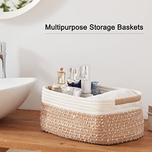 Oiahomy Woven Baskets For Storage, Storage Baskets For Shelves, Cotton Rope Basket Set, Decorative Storage Baskets, Nursery Organization, Rectangle Basket With Handles, Pack Of 3, Yellow And White #TOP6