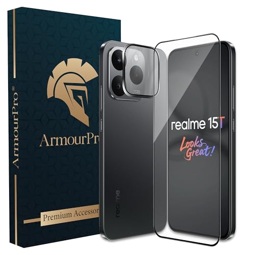 Image of ArmourPro Edge to Edge Tempered Glass for Realme 15T with Black Camera Ring Guard, 9H Screen Protector, Anti-Scratch, Anti-Fingerprint, Bubble-Free Installation Kit