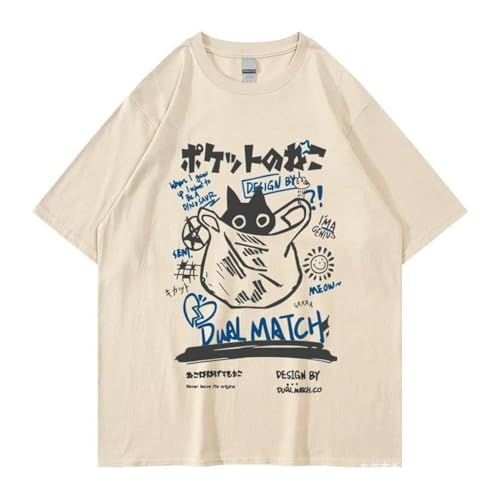Unisex Cartoon T-Shirts Harajuku Kawaii Cat Letter Printed Short Sleeve Tees Couple Loose Clothes Y2K Tops