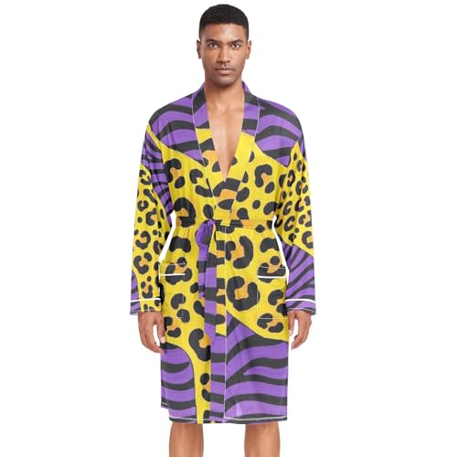 Amooorous Albornoz de manga larga con estampado de leopardo amarillo y morado para hombre, bata de baño de tela con capucha para hombre, para dormitorio universitario, talla L
