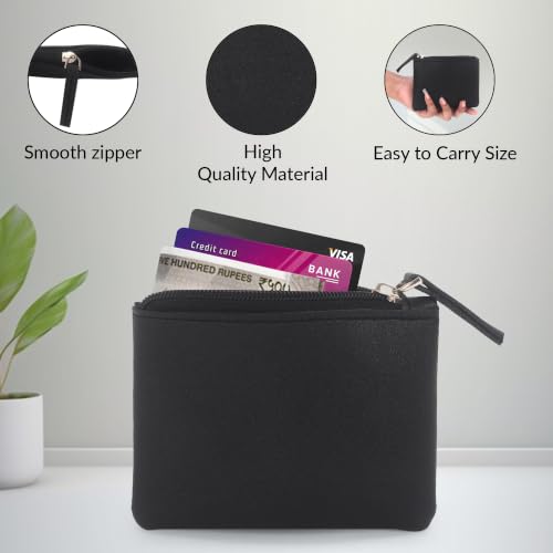 Image of Small Vegan Leather Coin Purse Pouch, Minimalist Zipper Wallet Set in Black and Beige, Compact Money Organizer, Makeup Pouch (Black-Grey)